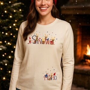 White Stag SZ L Holiday Embroidered Snow HoHo Tee Party Long Sleeve Winter Top